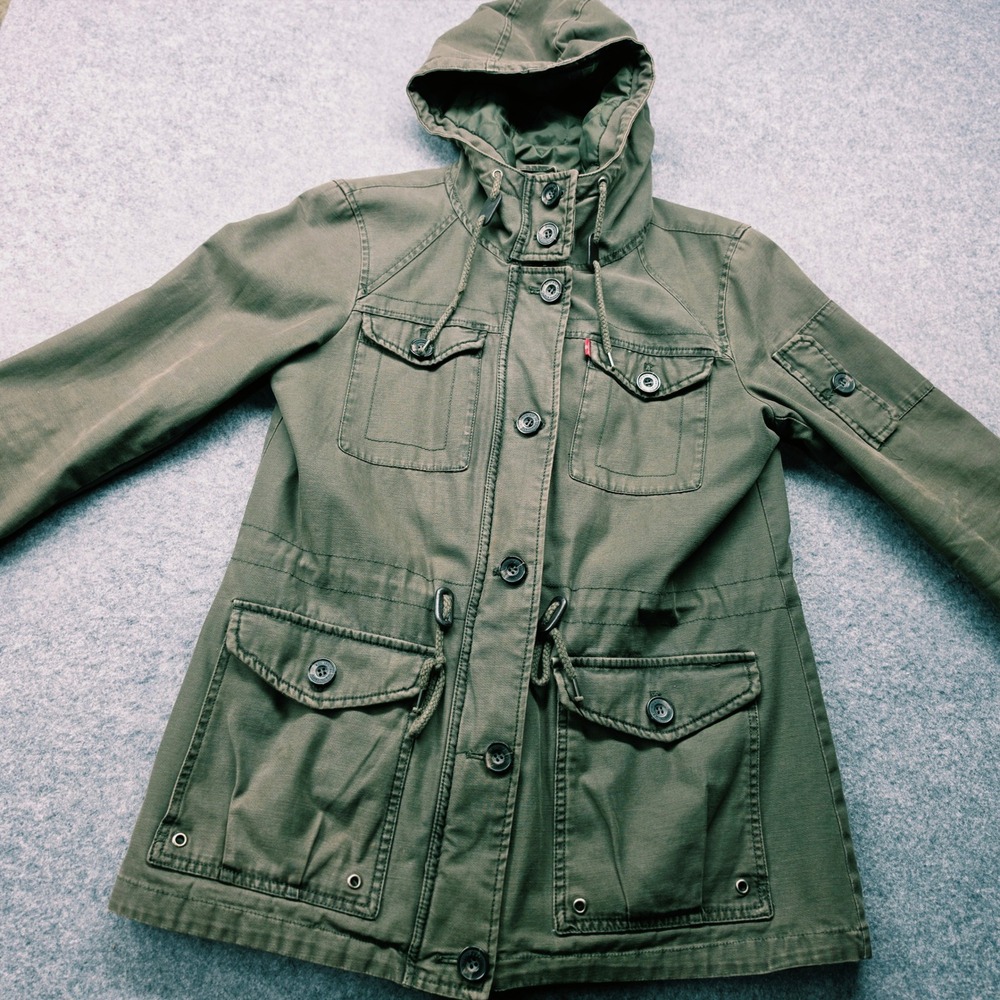 Levi Strauss & Co Mens Olive Green Quilted Lined Hooded Field Jacket Medium